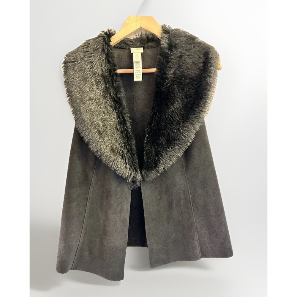 Women's Faux Fur Trim Suede Cape Jacket - Black
